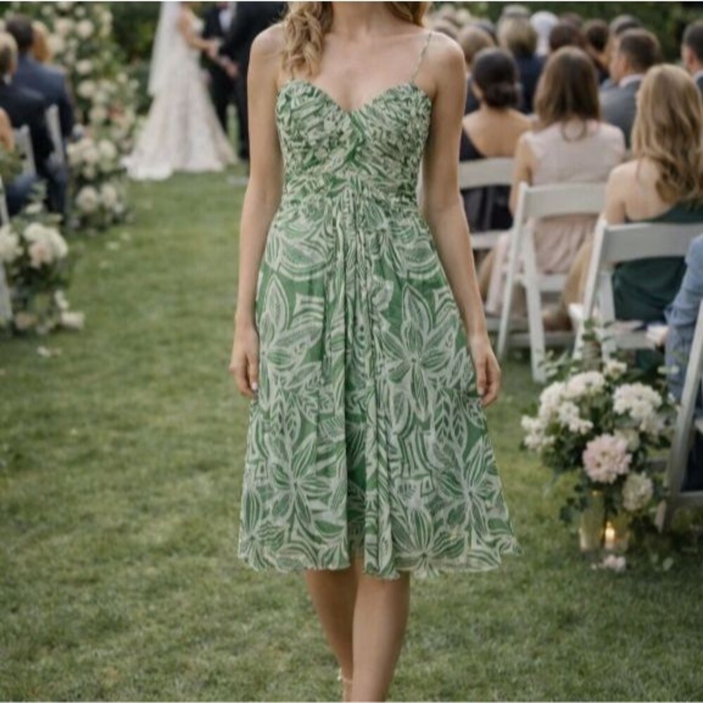 Tadashi Collection 100% Silk Green/White Floral Cocktail Dress Women's 10